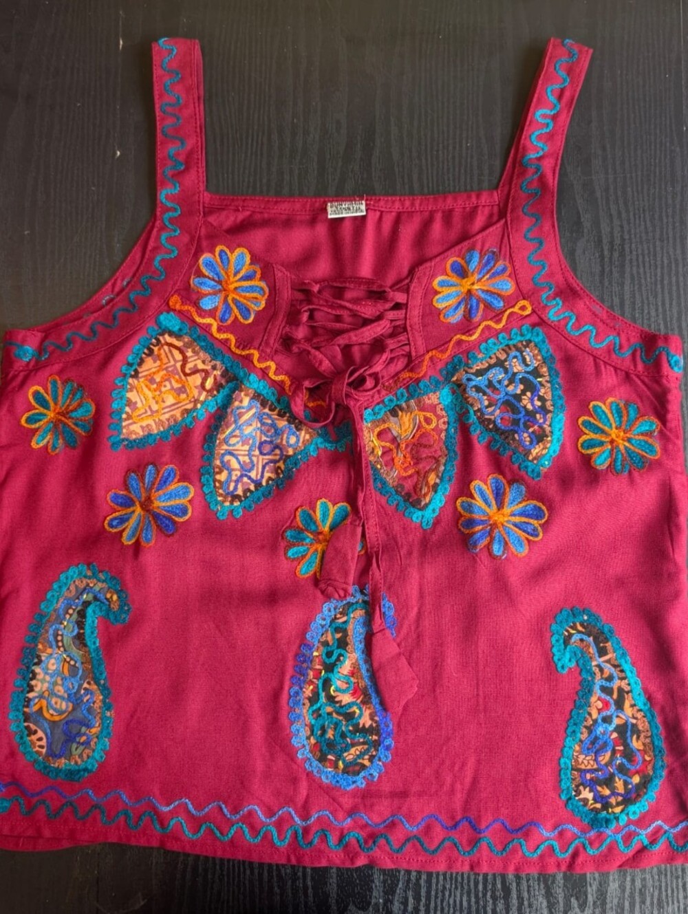 Boho Chic Embroidered Tank Top Burgundy Paisley Artisan Festival Cami floral S M
